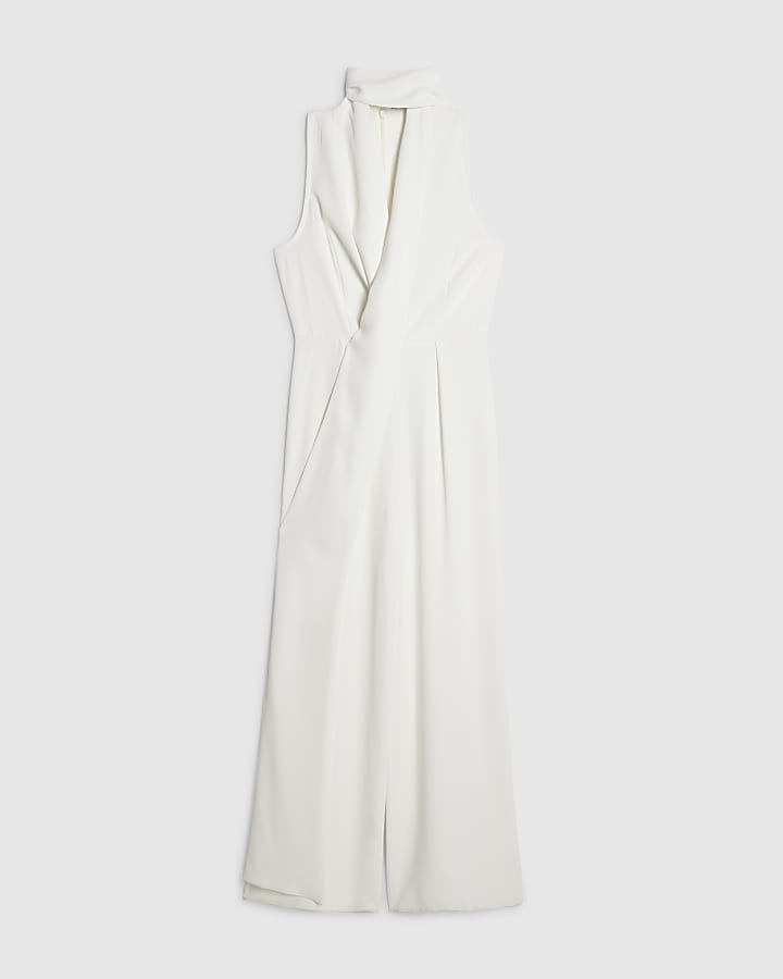 White Neck Scarf Wide Leg Jumpsuit