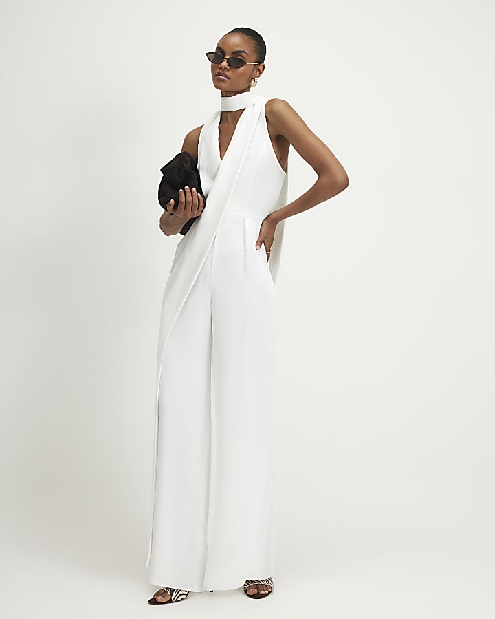 White Neck Scarf Wide Leg Jumpsuit