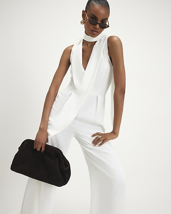 White Neck Scarf Wide Leg Jumpsuit