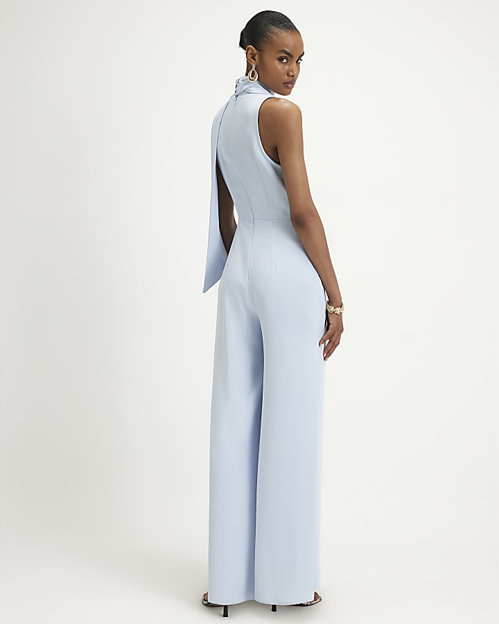 Blue Neck Scarf Wide Leg Jumpsuit
