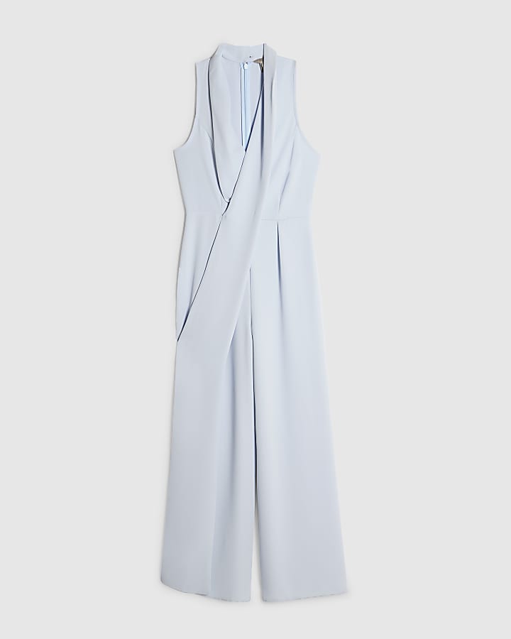 Blue Neck Scarf Wide Leg Jumpsuit