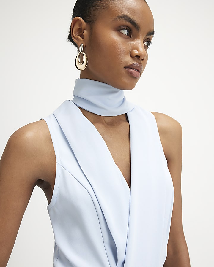 Blue Neck Scarf Wide Leg Jumpsuit