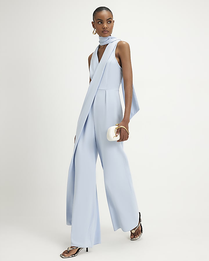 Blue Neck Scarf Wide Leg Jumpsuit