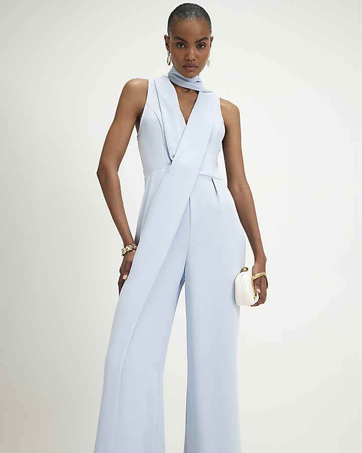 Blue Neck Scarf Wide Leg Jumpsuit