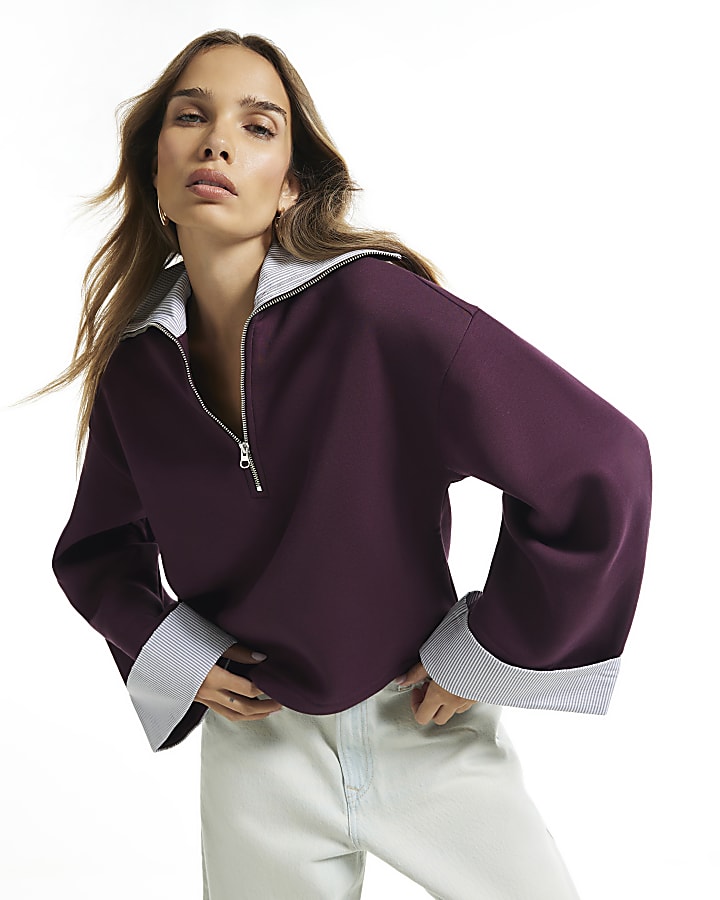 Burgundy Stripe Half Zip Sweatshirt
