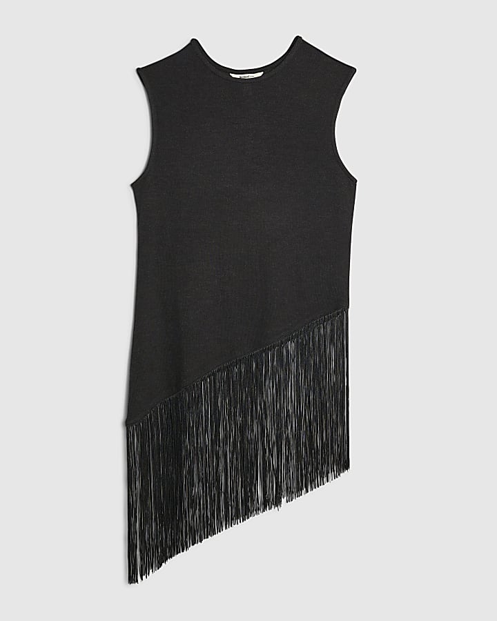 Black Fringe Trim Asymmetric Top