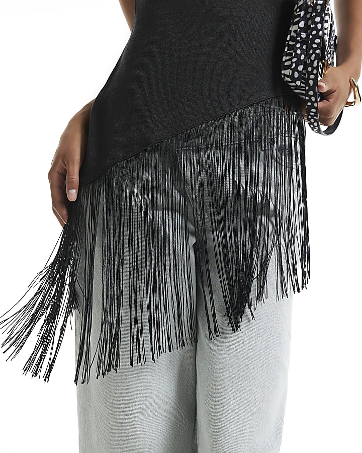 Black Fringe Trim Asymmetric Top