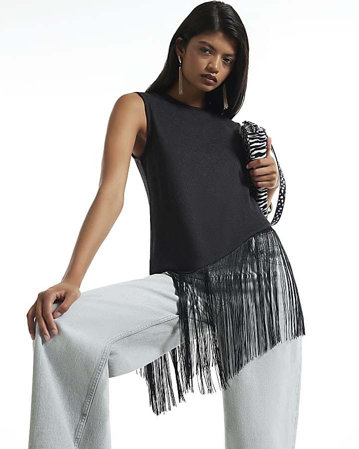 Black Fringe Trim Asymmetric Top
