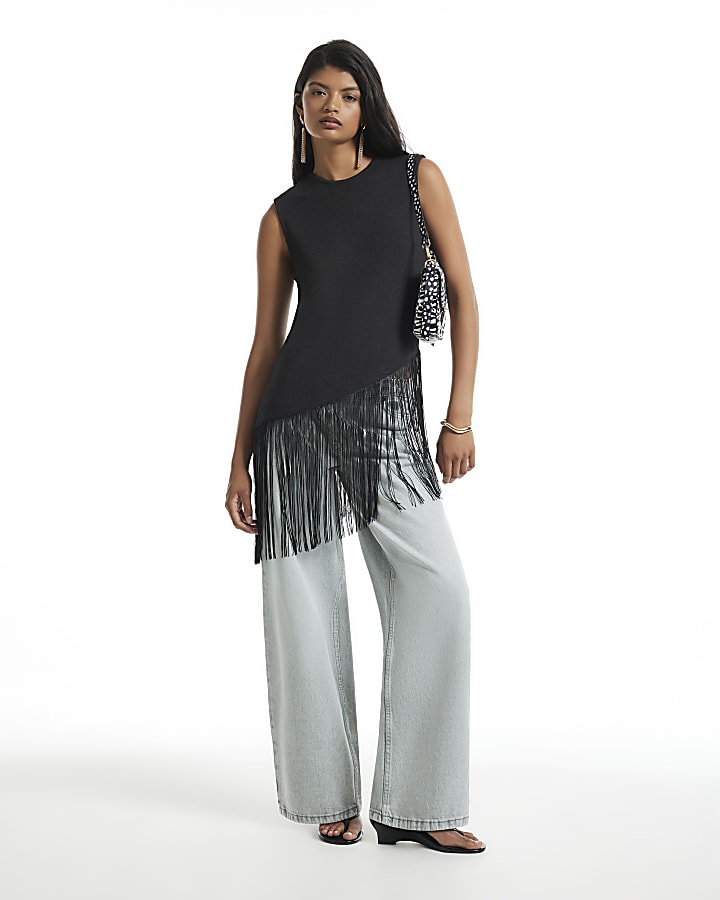 Black Fringe Trim Asymmetric Top