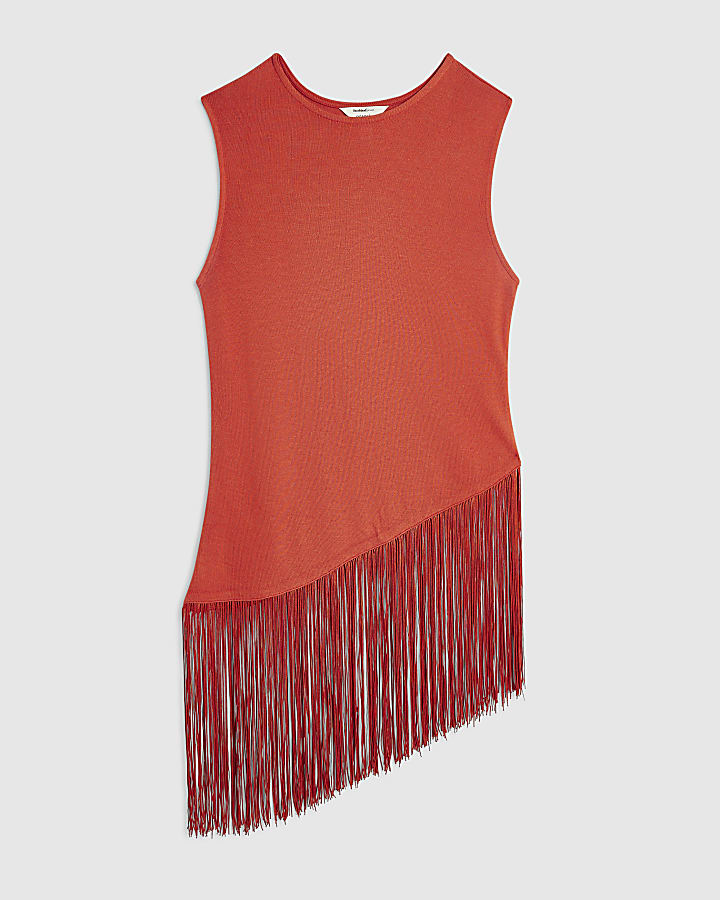 Red Sleeveless Fringe Asymmetric Top