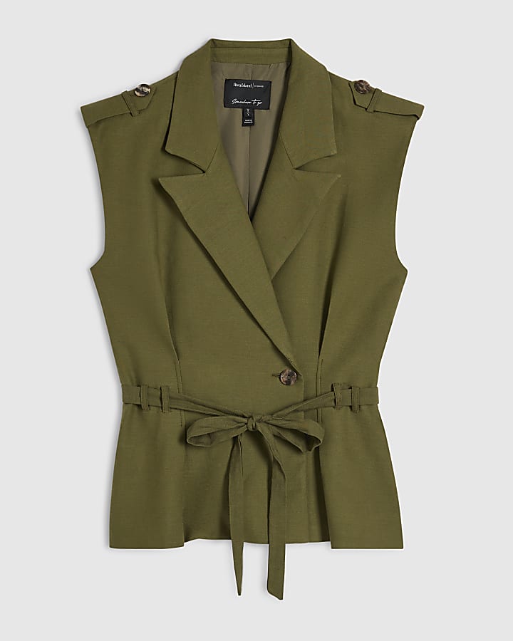 Green Cotton Blend Tie Detail Wrap Top