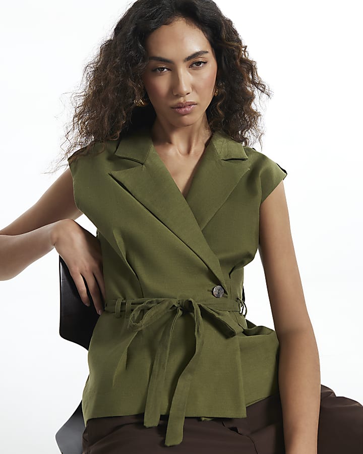 Green Cotton Blend Tie Detail Wrap Top