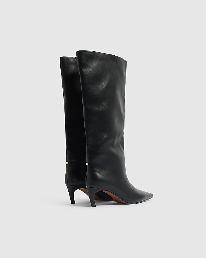 Black Faux Leather Kitten Knee High Boots