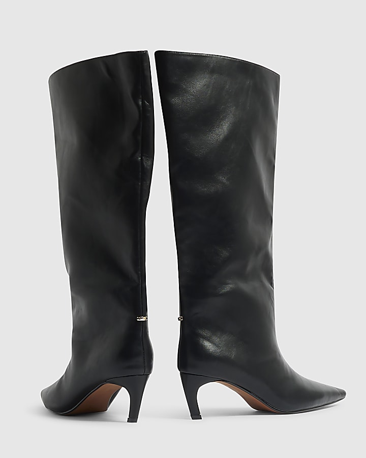 Black Faux Leather Kitten Knee High Boots