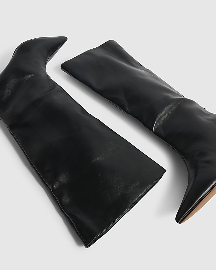 Black Faux Leather Kitten Knee High Boots