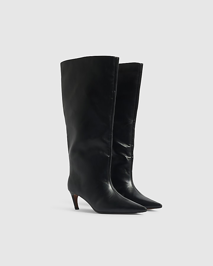 Black Faux Leather Kitten Knee High Boots