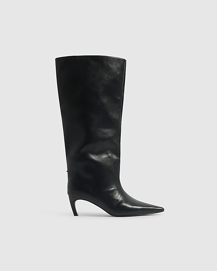 Black Faux Leather Kitten Knee High Boots