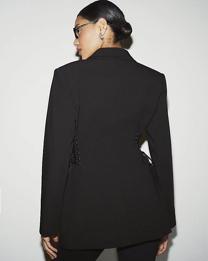 Black Lace Up Tuxedo Blazer Dress