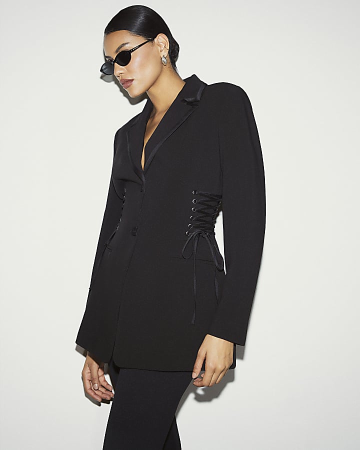 Black Lace Up Tuxedo Blazer Dress