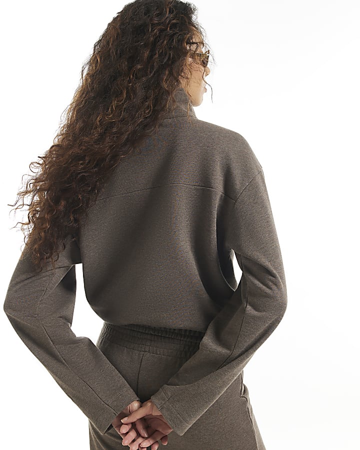 Brown Popper Funnel Neck Sweatshirt
