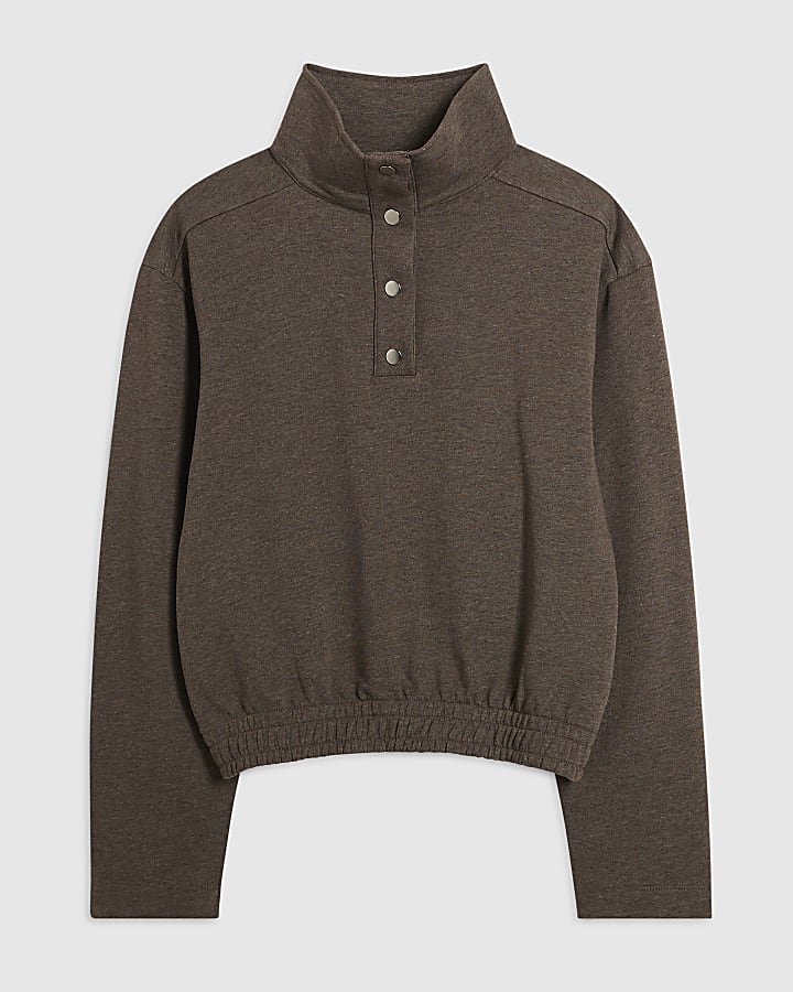 Brown Popper Funnel Neck Sweatshirt