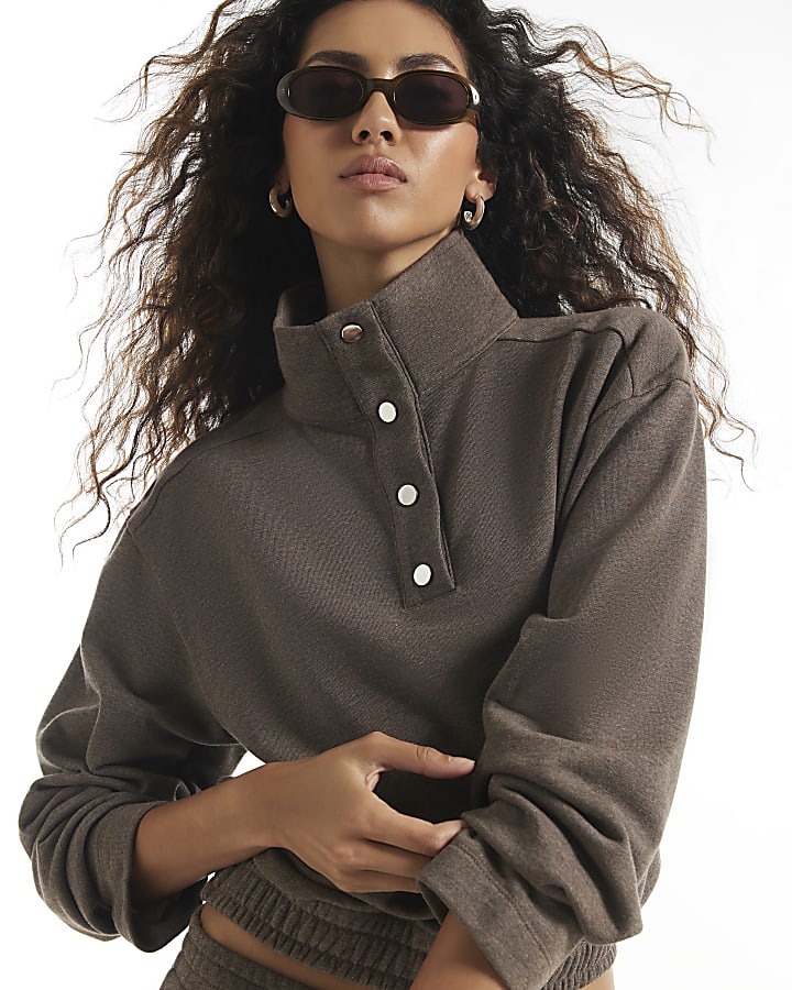 Brown Popper Funnel Neck Sweatshirt