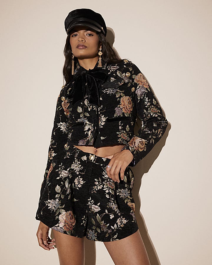 Black Floral Jacquard Shorts
