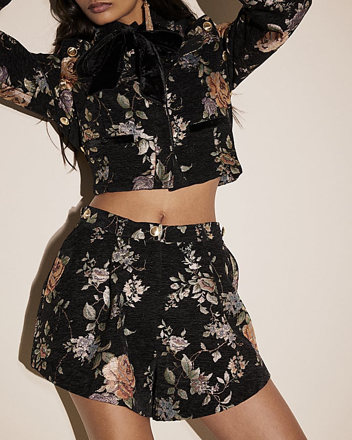 Black Floral Jacquard Shorts
