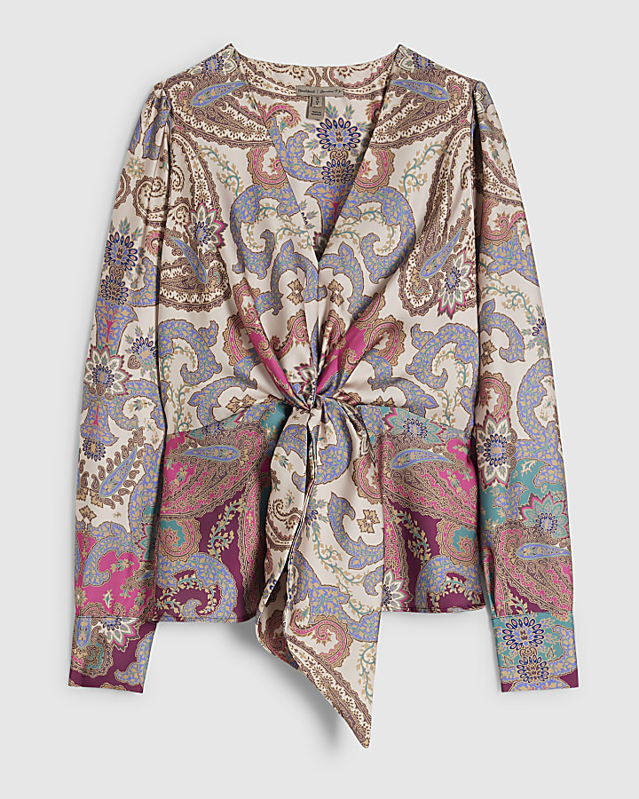 Cream Satin Paisley Knot Front Blouse