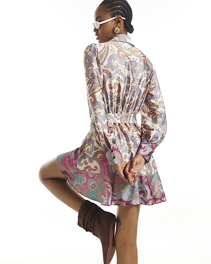 Cream Satin Paisley Wrap Front Mini Dress