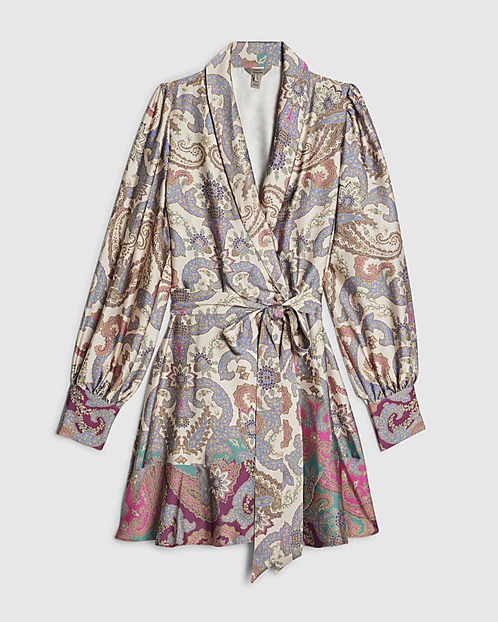 Cream Satin Paisley Wrap Front Mini Dress