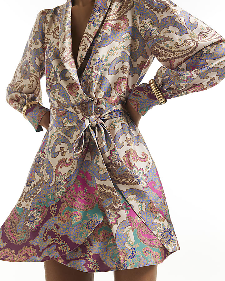 Cream Satin Paisley Wrap Front Mini Dress