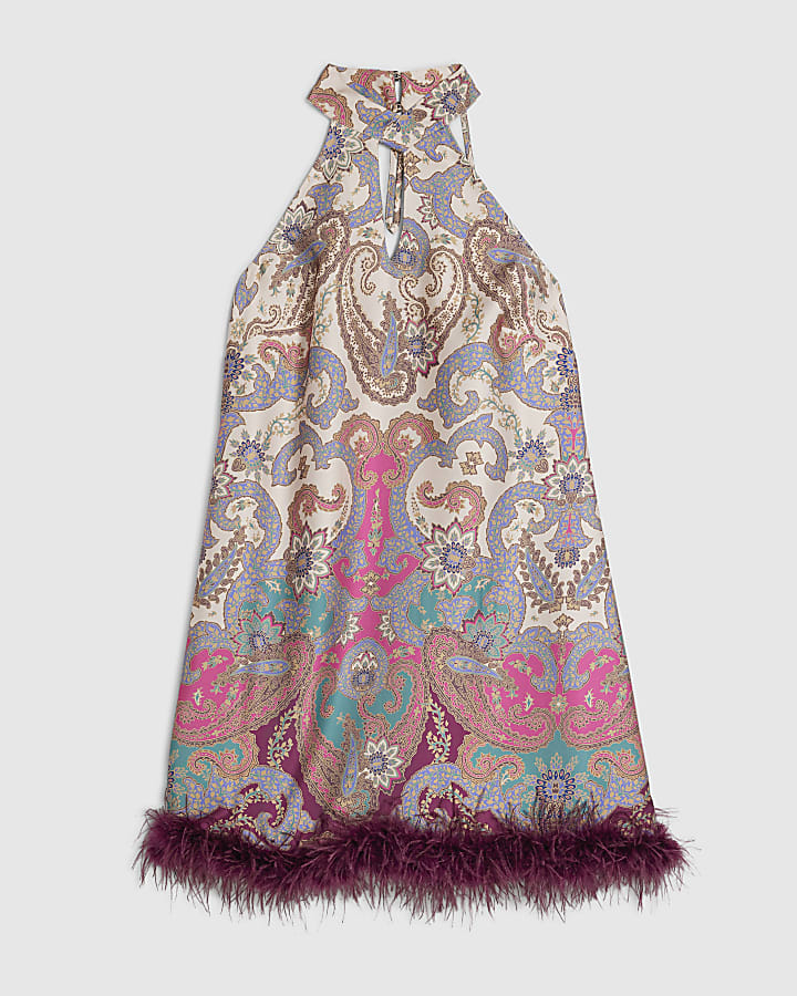 Cream Printed Feather Trim Shift Dress