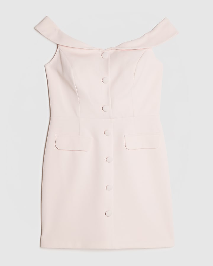 Pink Bardot Button Detail Mini Dress