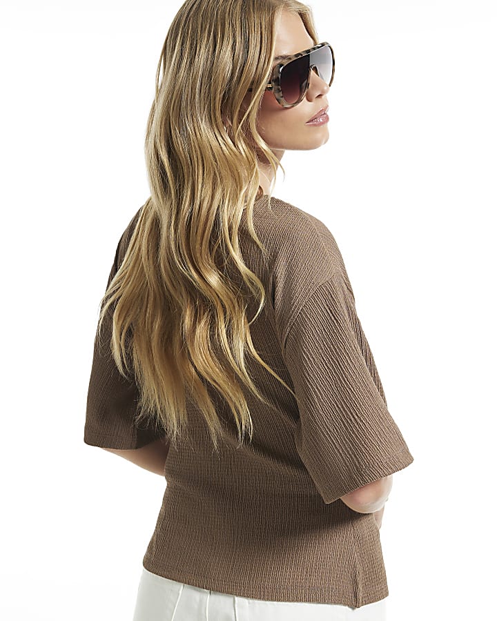 Brown Textured Batwing Sleeve Top