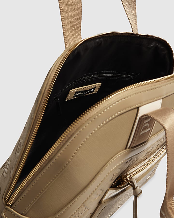 Beige Webbing Handle Kettle Tote Bag
