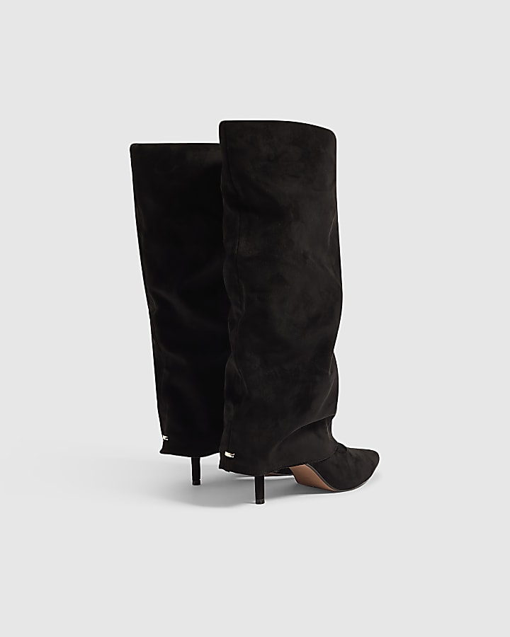 Black Faux Suede Ruched Folded High Leg Boots