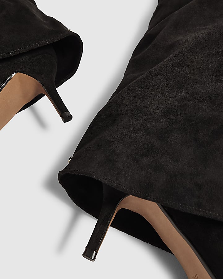 Black Faux Suede Ruched Folded High Leg Boots