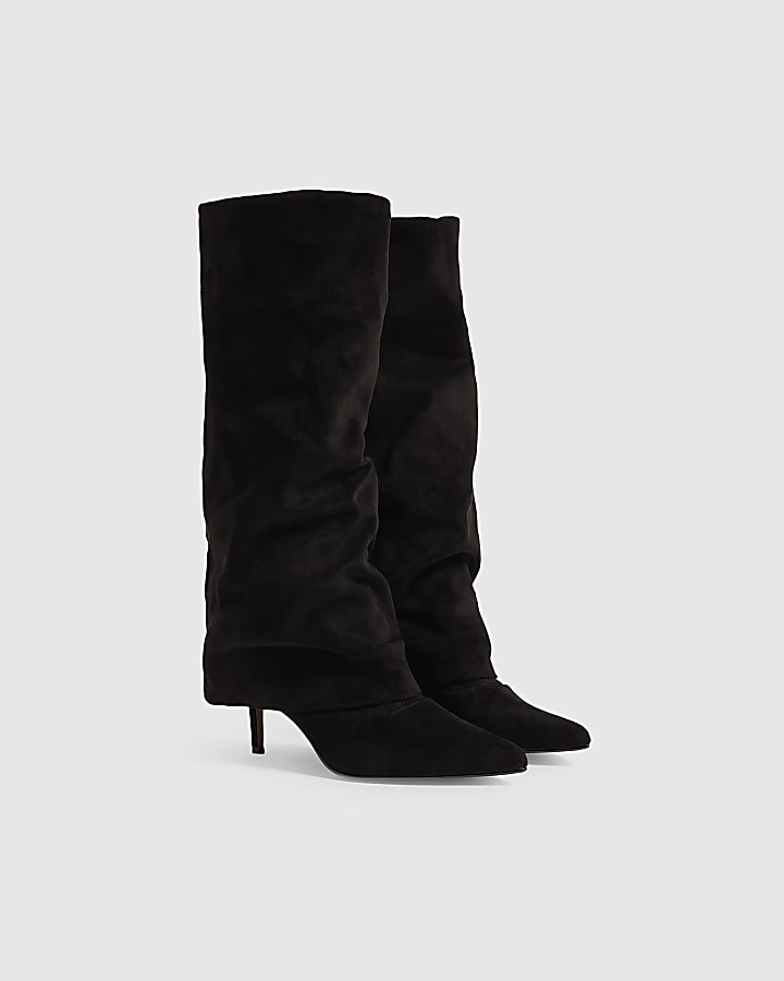 Black Faux Suede Ruched Folded High Leg Boots