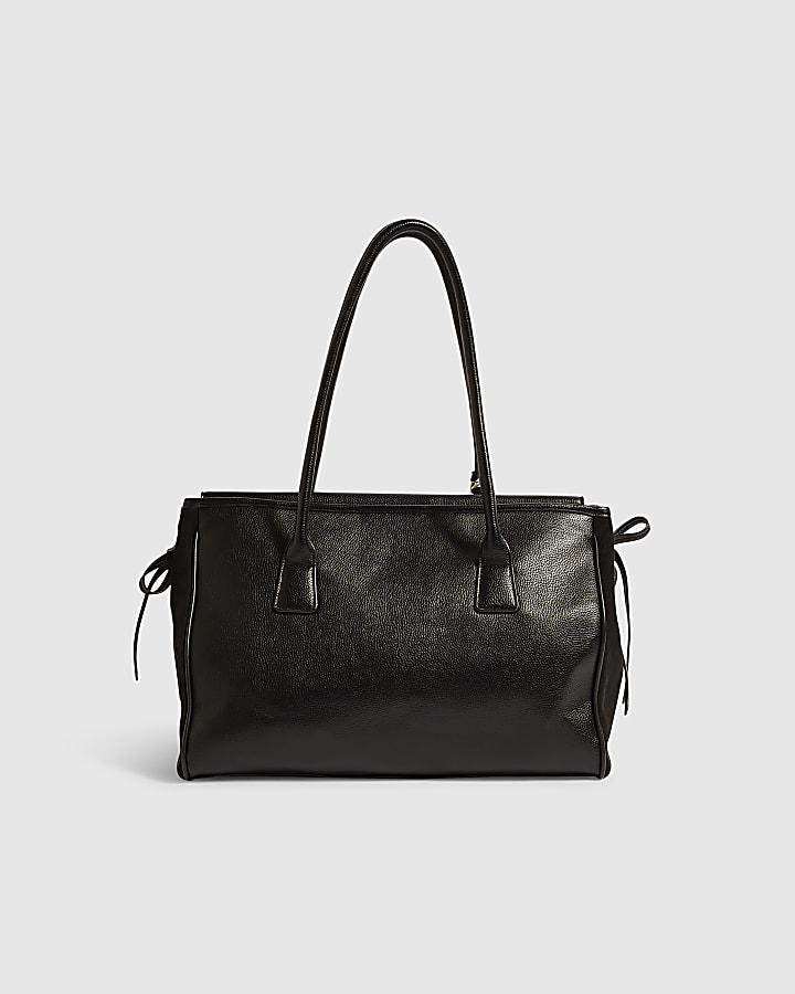 Black Faux Leather RIR Front Flap Tote Bag