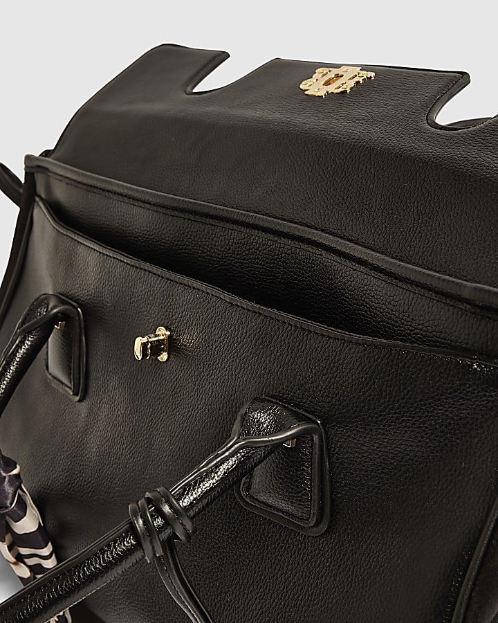 Black Faux Leather RIR Front Flap Tote Bag