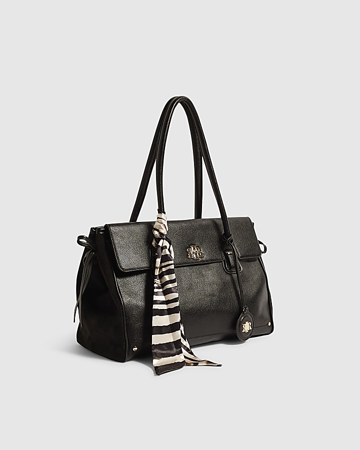 Black Faux Leather RIR Front Flap Tote Bag