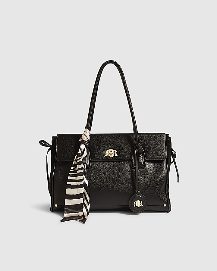 Black Faux Leather RIR Front Flap Tote Bag