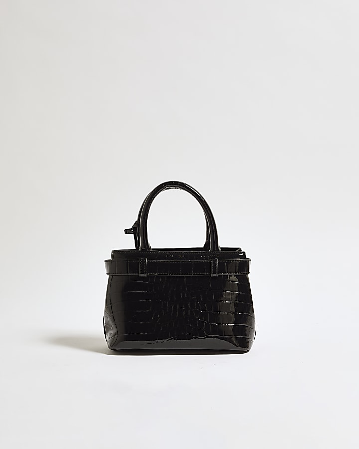 Black Patent Belt Front Mini Tote Bag
