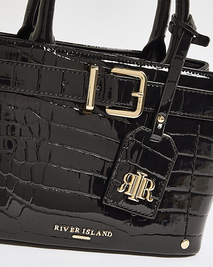 Black Patent Belt Front Mini Tote Bag