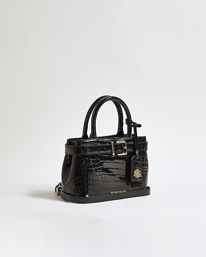 Black Patent Belt Front Mini Tote Bag