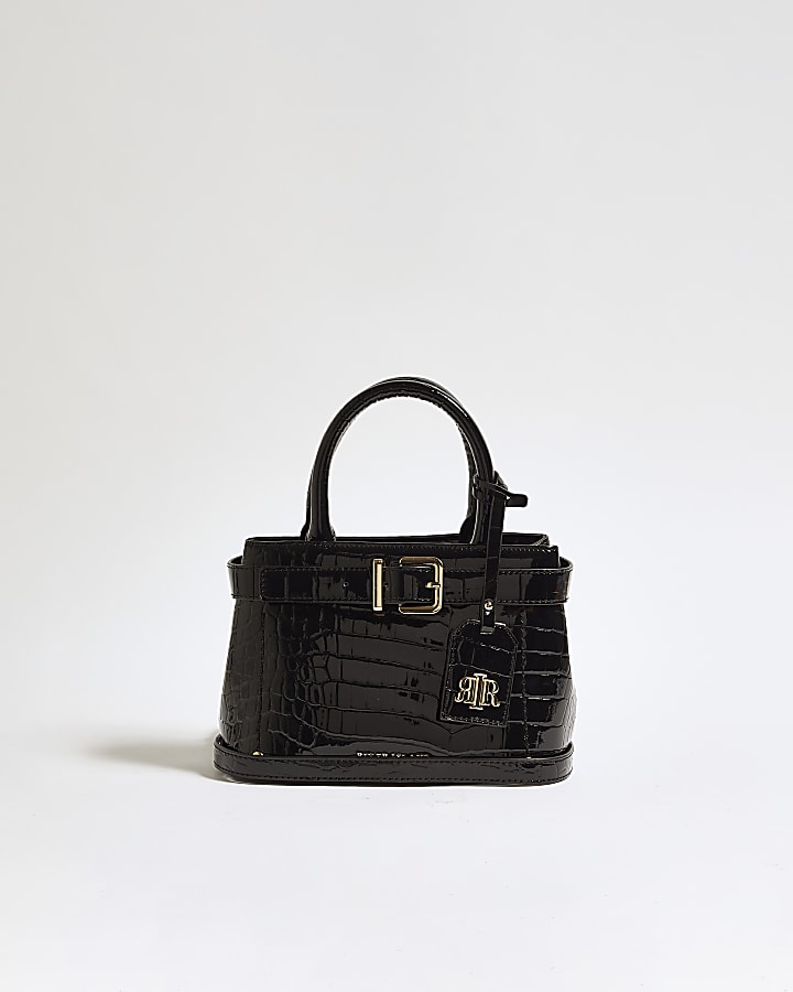 Black Patent Belt Front Mini Tote Bag