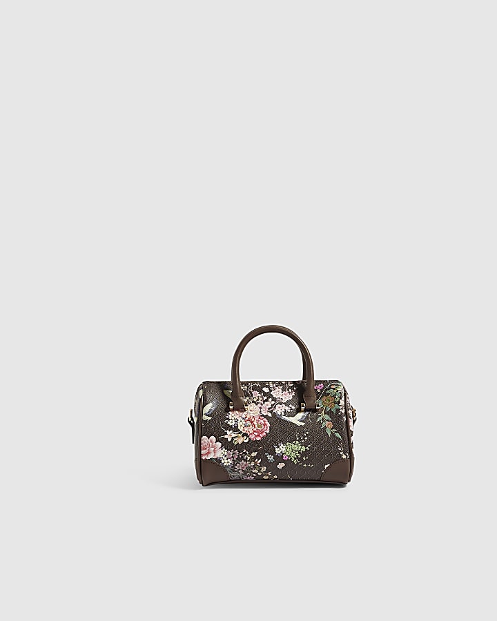 Brown Faux Leather Flower Monogram Bowler Bag
