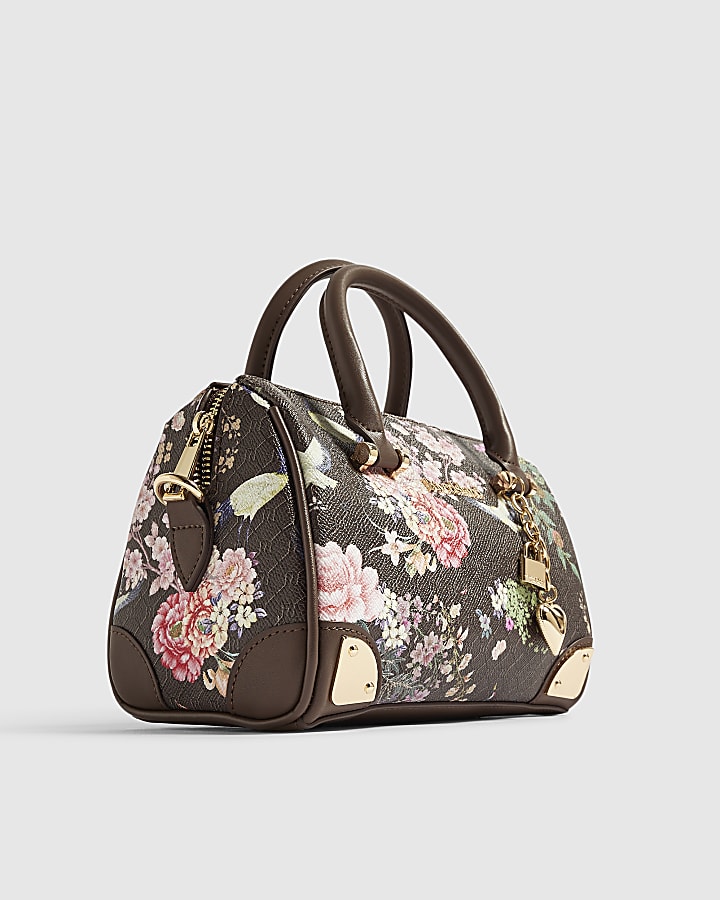 Brown Faux Leather Flower Monogram Bowler Bag
