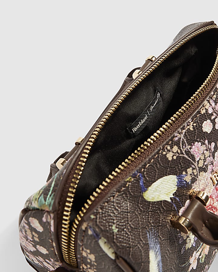Brown Faux Leather Flower Monogram Bowler Bag
